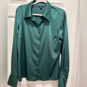 Boston Proper Emerald Green Satin Button-Up Blouse, semi fitted.